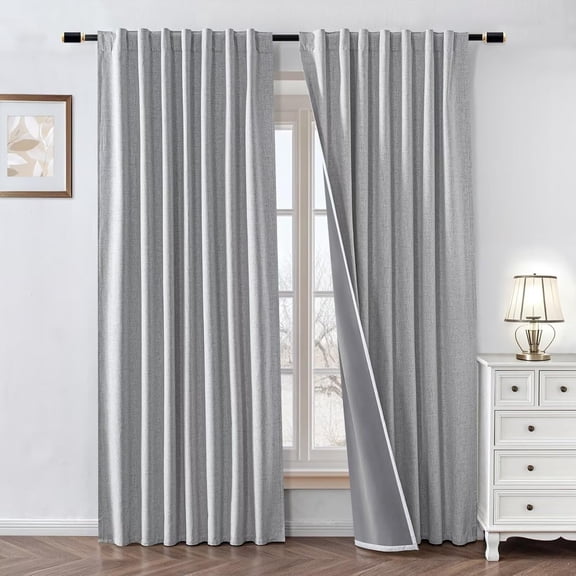 100% Blackout Faux Linen Curtains 90 Inch Length 2 Panels - Thermal Insulated Room Darkening Drapes with Back Tab & Rod Pocket for Bedroom & Living Room (W37 x L90, Greyish White)