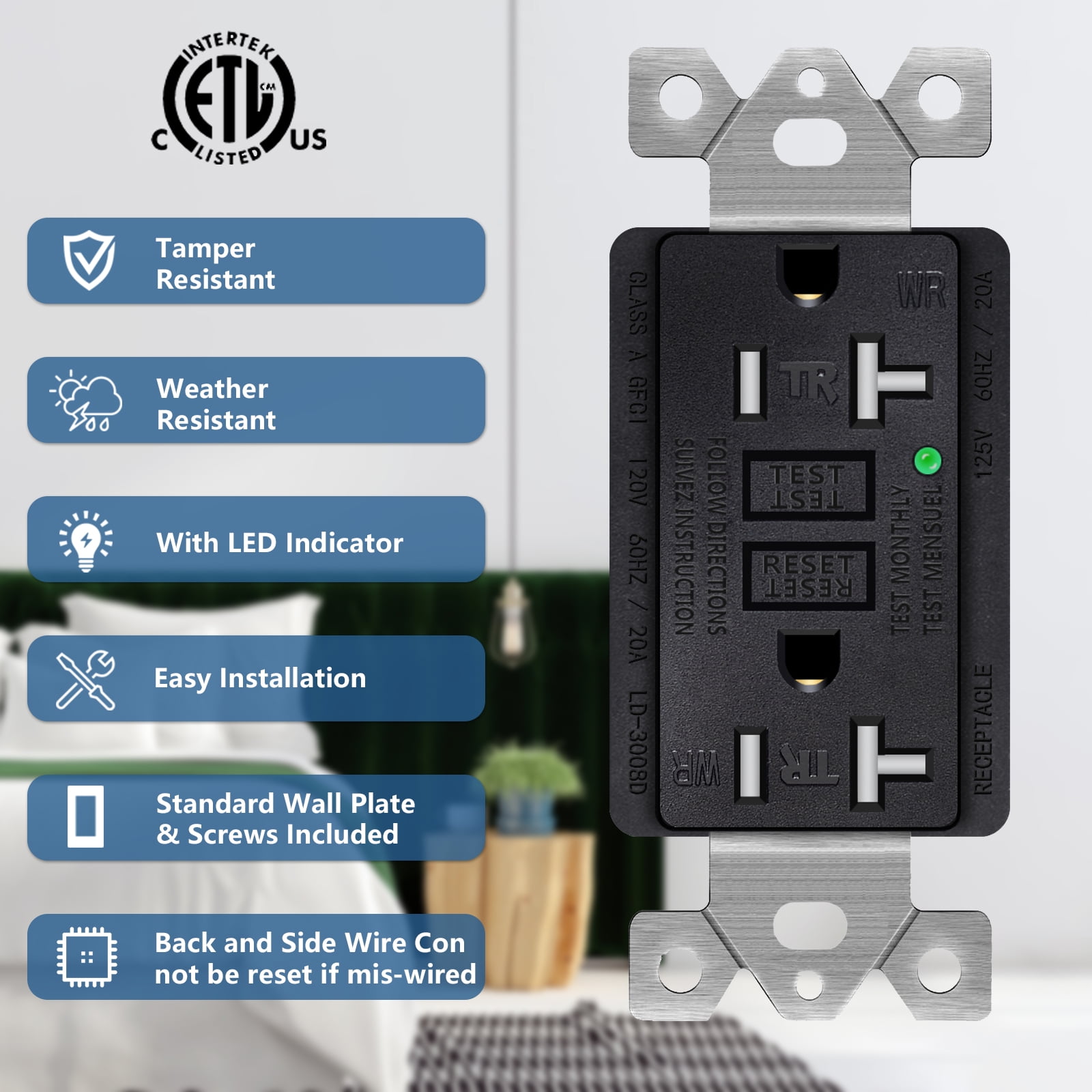 GFCI Outlet 20 Amp, ETL Listed, LED Indicator, Tamper-Resistant, Weather Resistant Receptacle Indoor or Outdoor Use with Decor Wall Plates and Screws Black 30 Pack