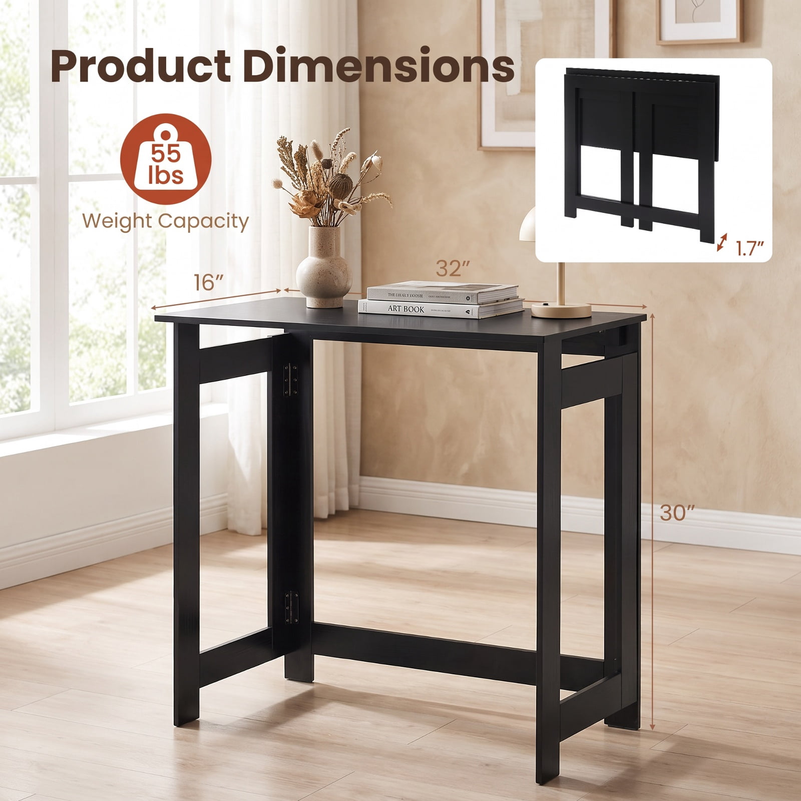 Furnibear Folding Console Table with Foldable Legs Narrow Entryway Sofa Table for Hallway Entrance and Behind Couch Space Saving, Black