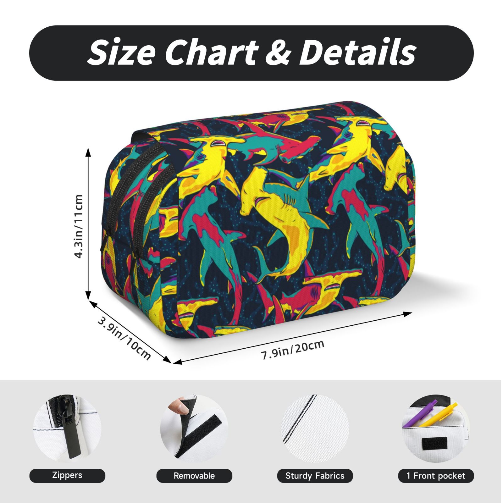 Rateoe Colorful Sharks Pattern Double Clamshell Pen Case, Storage Organizer with Two Zipper Compartments– Holds Up to 50 Pencils & Pens