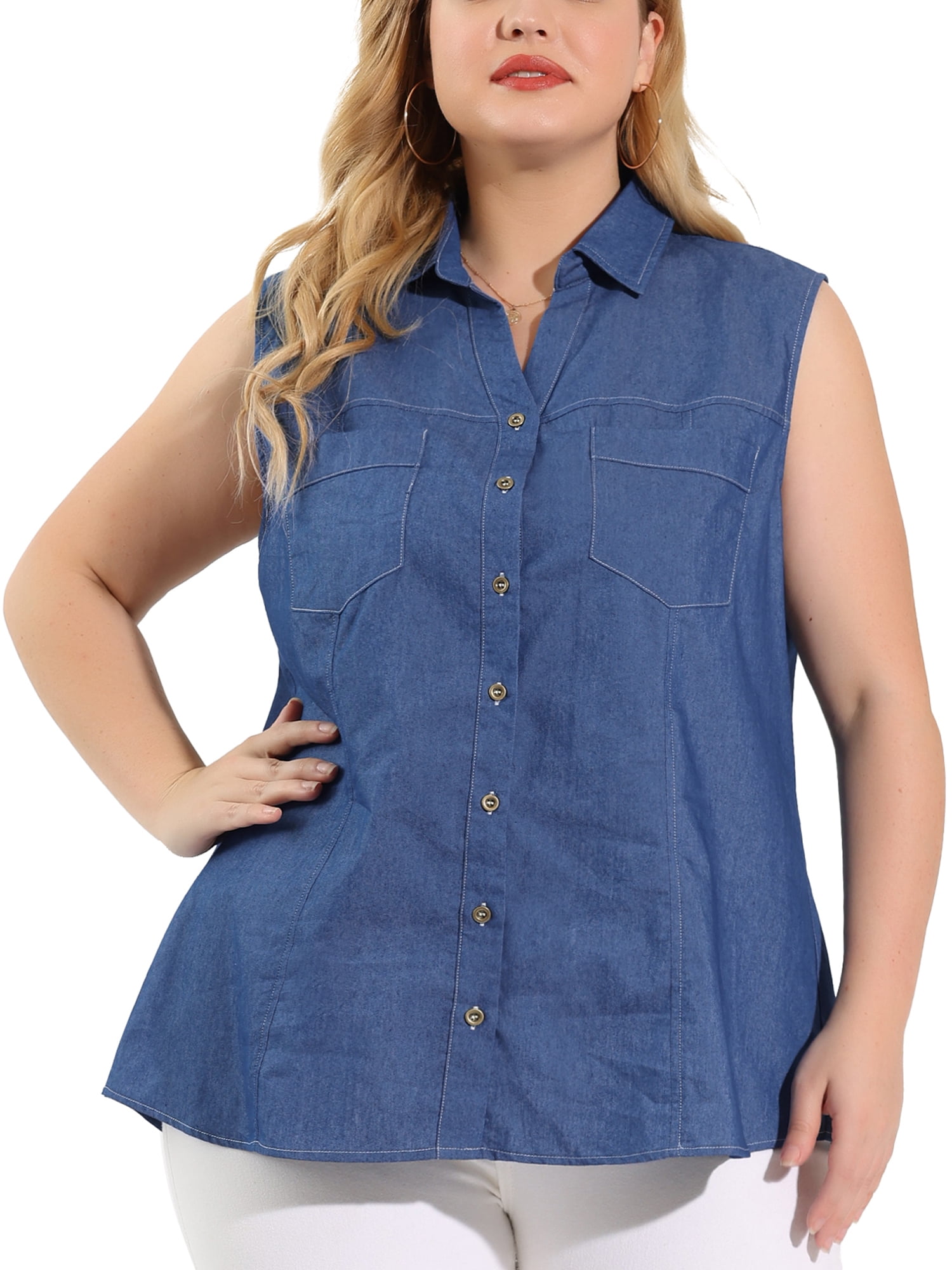 Denim Shirt Sleeveless Front Pockets 