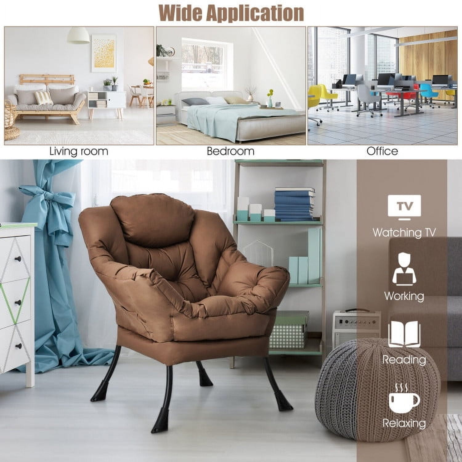 Demi Bonn Polyester Fabric Large Lazy Chair, Modern Accent Oversized Comfy Reading with Steel Frame and Side Pocket, for Living Room, Bedroom, Dorm, Brown