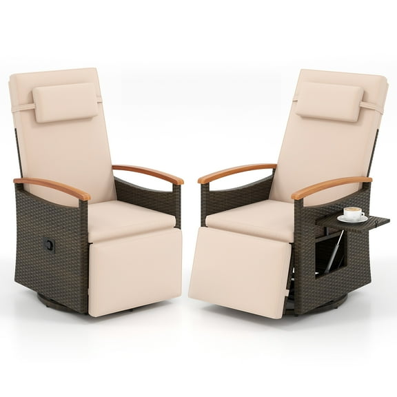 Gymax 2PCS Outdoor 360° Swivel Rattan Recliner Chair Patio Wicker Chaise Lounge Chair Beige