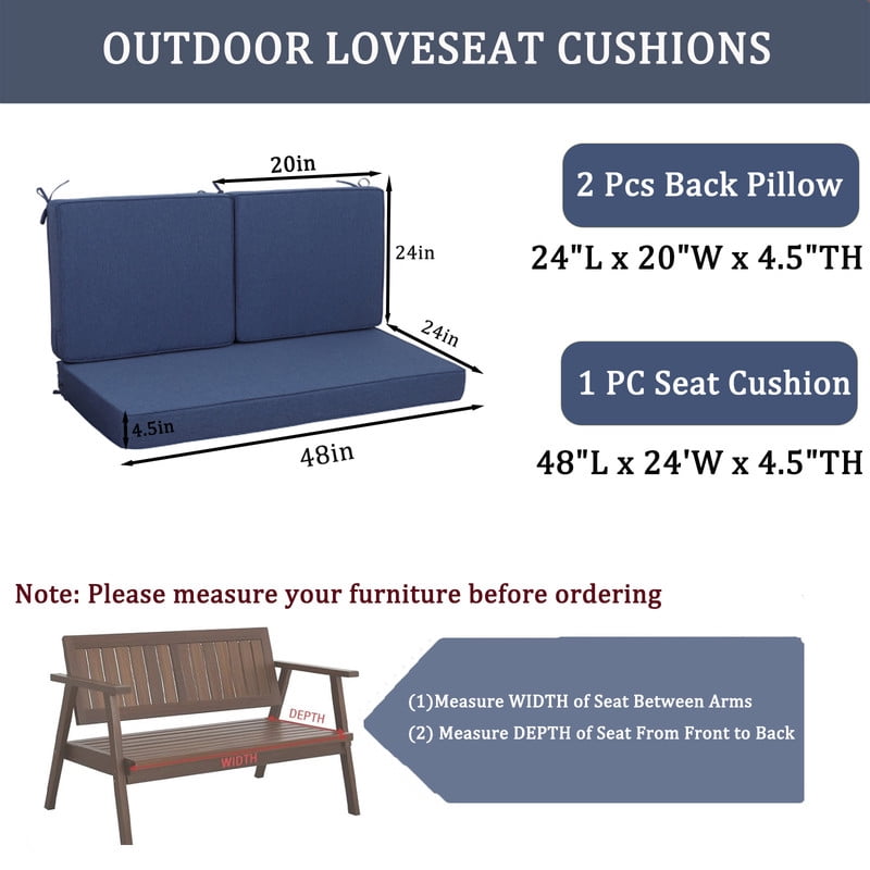 Outdoor Loveseat Cushion Set, Waterproof & Fade-Resistant Replacement Patio Cushions, 48 x 24 inch Outdoor Sofa Cushions for patio furniture, Deep Seat Cushions with Ties（Blue）