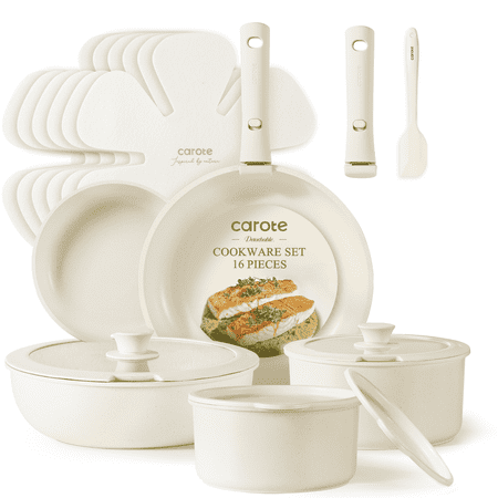 Carote 16 Pcs Nonstick Cookware Set, Pots and Pans Set with Detachable Handles, Oven/Dishwasher Safe, Stackable Kitchen Cooking Set, White Granite