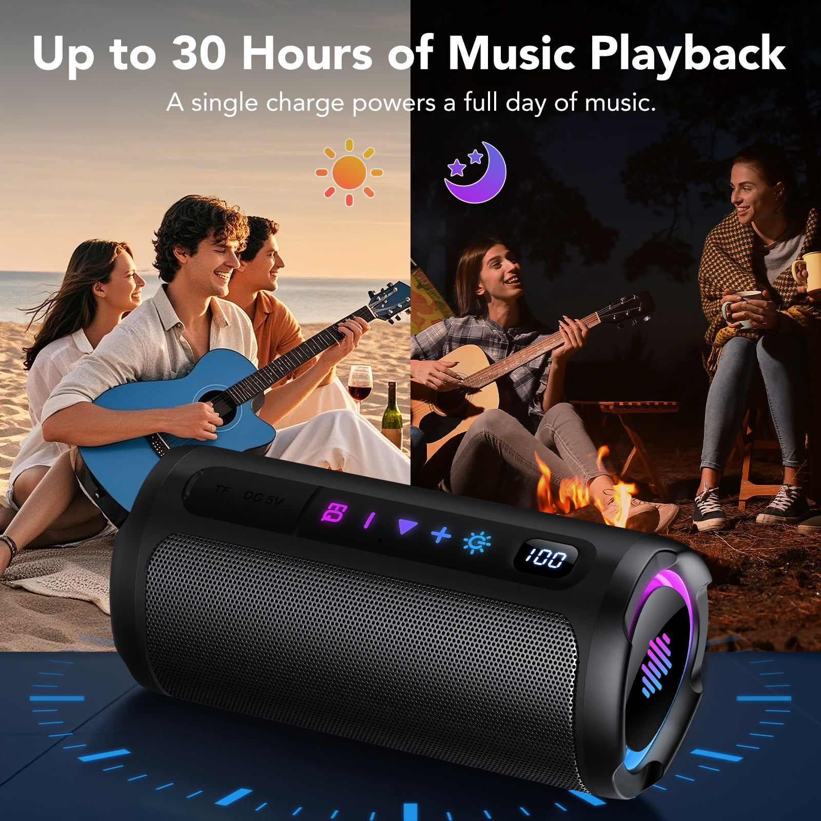 Bluetooth Speaker, 2026 Portable Wireless Speakers with Led Light, Bluetooth 5.4, 30H Playtime, Enhanced Bass, IPX7 Waterproof, Outdoor Speaker for Travel, Sport, Party, Biking.