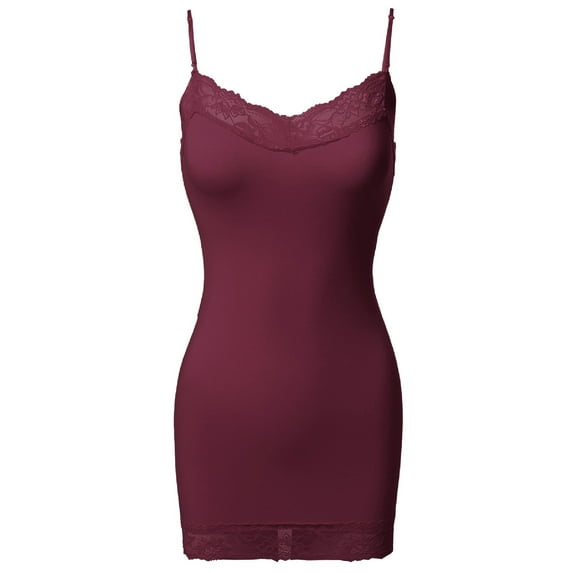 FashionOutfit Women's Solid Soft Stretch Spaghetti Strap Lace Trim Tank Top