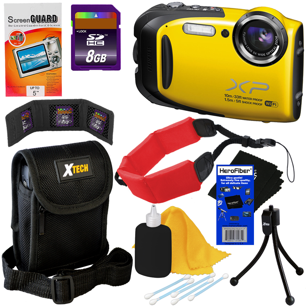 Fujifilm FinePix XP70 Waterproof  Shockproof 16 MP Wi-Fi Digital Camera  with 5x Optical Zoom and Full HD 1080p Video (Yellow) + 8pc Bundle 8GB  Accessory Kit w/ HeroFiber® Ultra Gentle Cleaning
