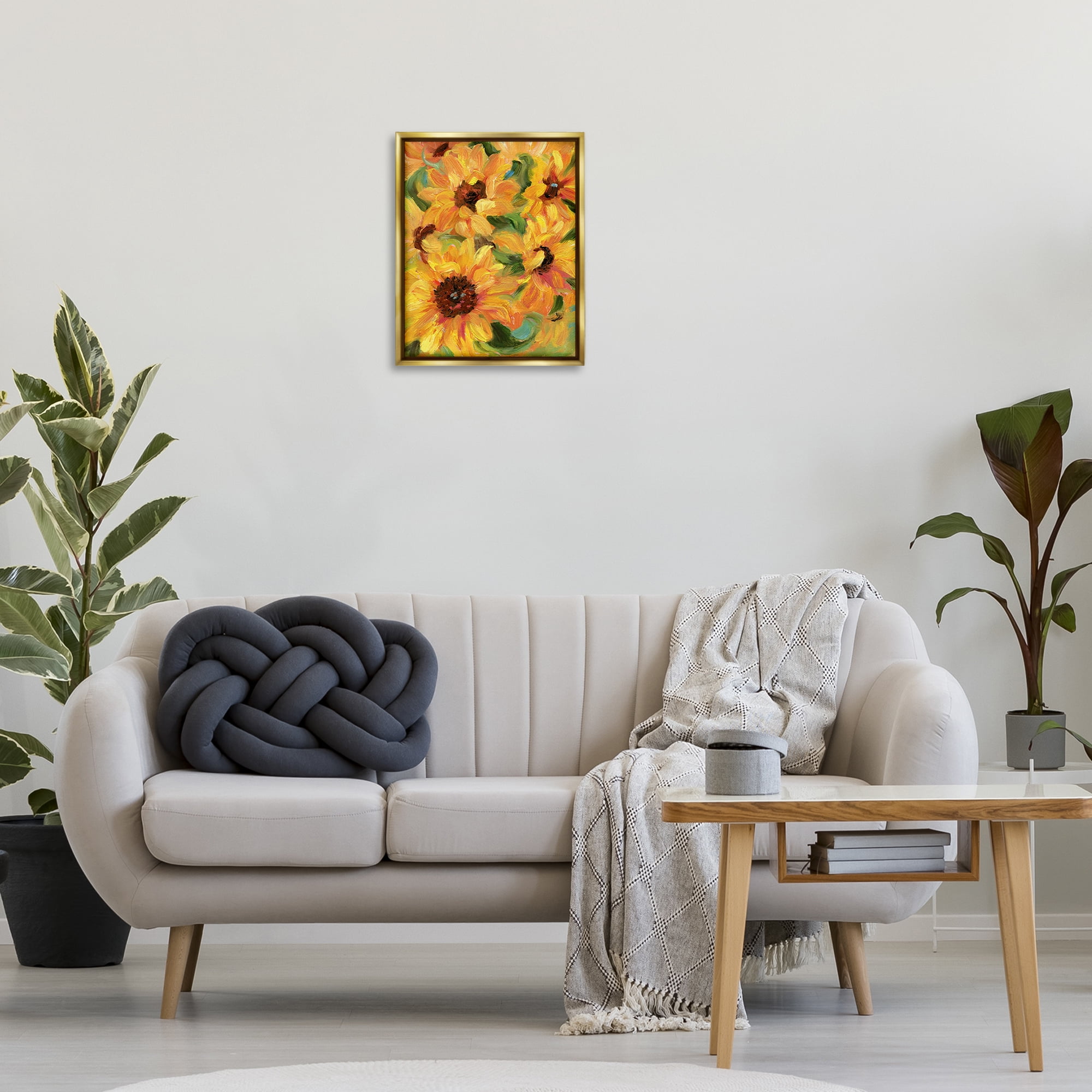 Stupell Industries Sunflower Bunches Pattern Botanical & Floral Painting Gold Floater Framed Art Print Wall Art, 17 x 21