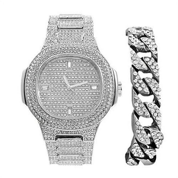 Bling-ed Out Cuban Bracelet with Oblong Iced Look Hip Hop Watch - 8475BC Cuban (8967 Silver Baguette)