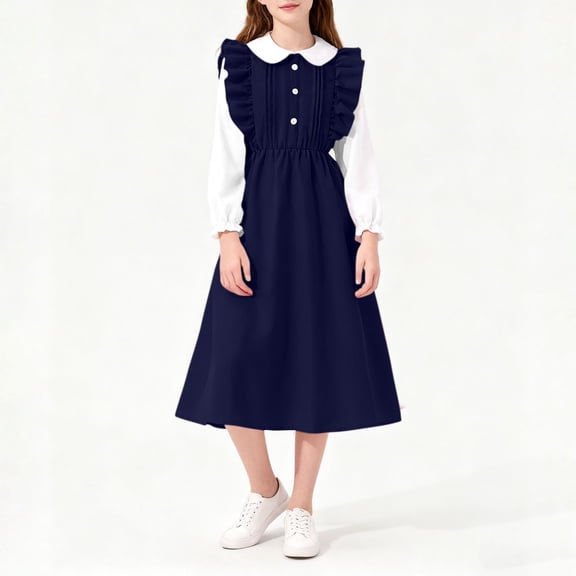 BRGZLK Teen Girls Dress Fashion Color Block Ruffle Peter Pan Collar Button-Down Long Sleeve Dress Casual Comfortable Dresses Spring Summer 2026 Navy 12-13 Years