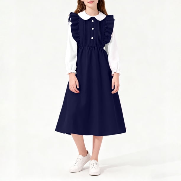 Vestido infantil de manga larga con solapa de color liso, tallas medianas y grandes, informal y cómodo, de poliéster.