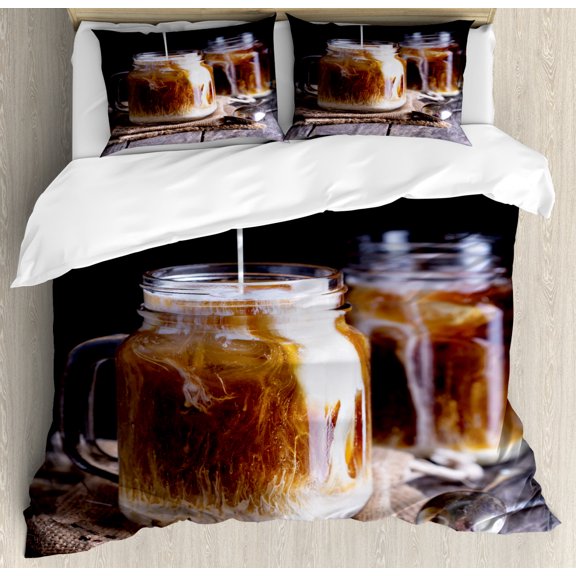 Coffee Duvet Cover Set Queen Size, Illustration of Iced Drink with Milk in Mason Jars on a Wooden Table, Decorative 3 Piece Bedding Set with 2 Pillow Shams, Charcoal Grey and White, by Ambesonne