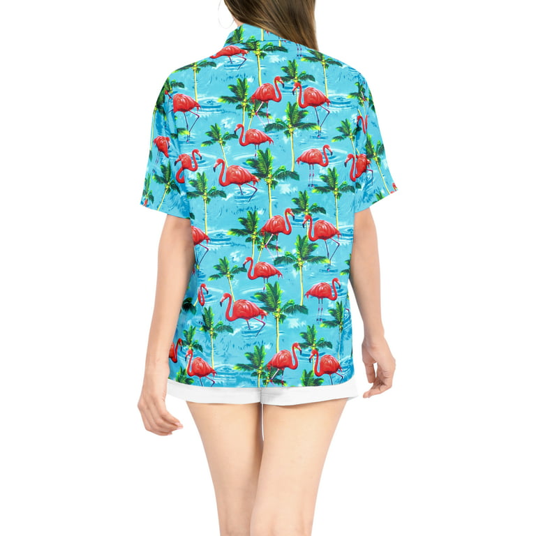 LA LEELA Women\'s Beach Short Shirt XXL Hawaiian Girls Sleeves Blue_AA365 For