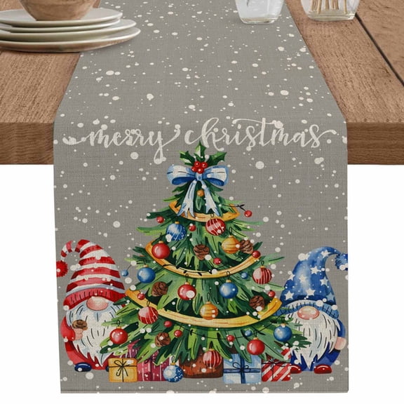 nqOlkjepod Christmas Table Runner 48 Inches Long Farmhouse Dress Scarves, Grey Gnomes Xmas Tree Snowflakes Balls Dining Tablerunner for Coffee Table/Kitchen Island/Party Décor, 13" x 48"