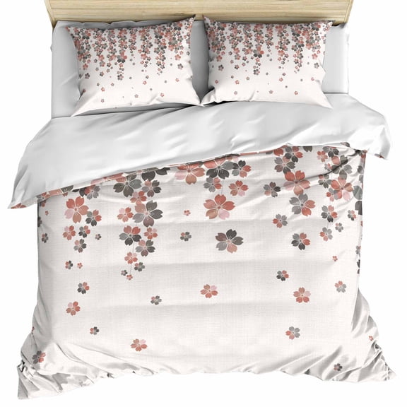 Spring Floral Bedding 3 Piece Duvet Cover Set Queen Size, Red Gray Cherry Flowers Blossom Beige Soft Microfiber Comforter Cover with Zipper Closure & Pillowcases, Wrinkle & FadeResistant Quilt Cover