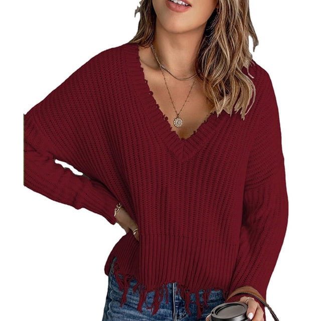 Suéter de punto de manga larga con cuello en V para mujer, suéter holgado informal a la moda para Otoño e Invierno con hombros descubiertos, color rojo vino L