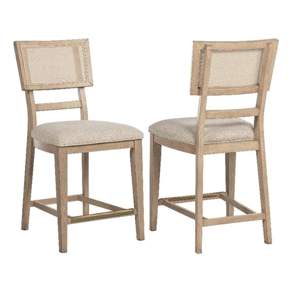Lno Counter Dining Side Chair Set of 2- Rattan Woven Back- Beige Wood