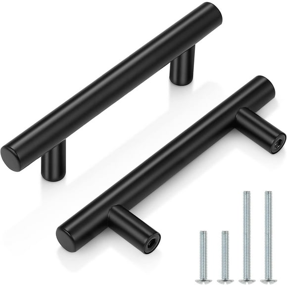 Flat Black Kitchen Cabinet Handles, Modern Euro Round T Bar Handle Drawer Pulls, 3 Inch (76mm) Hole Centers, Stainless Steel Cupboard Handles, 10 Pack