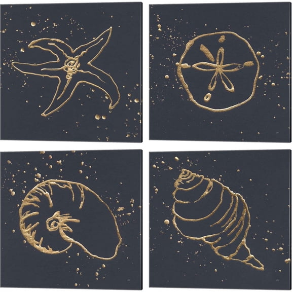 Great Art Now Gold Starfish, Sand Dollar, Nautilus & Conch by Chris Paschke 4 Piece Canvas Art Set Each 14"W x 14"H