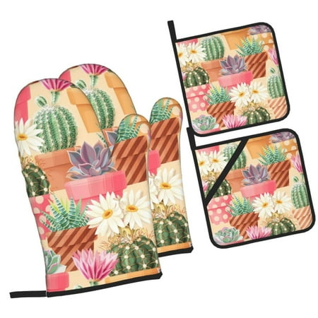 

Pofeuu Succulent And Cactus Print Oven Mitts and Pot Holders 4 pcs Set High Heat Resistant 500 Degree Extra Thicken Long Kitchen Cotton Oven Glove for Cooking