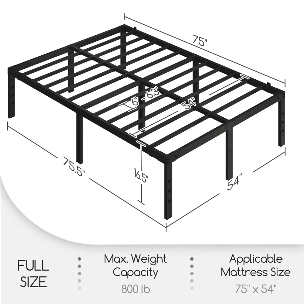 Alden Design Full Size 16.5" Metal Platform Bed Frame, No Box Spring Needed, Adult, Black