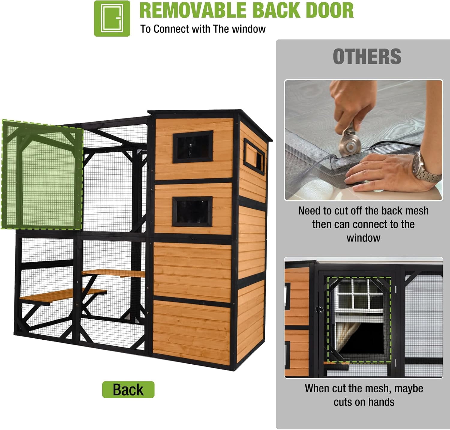 Catio Outdoor Cat Enclosure Large Cat Enclosure 4 Tiers Outdoor Cat House Connectable with Window,Brown,77" L