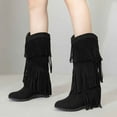 thumbnail image 6 of Lovzfmll Cowboy Boots for Women, Fringe Knee High High Heel Stacked, Mid Heel Wide Calf Round Toe Cowgirl Boots Fall Black Boots, 6 of 8