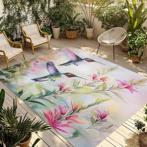 Fsddascl Spring Hummingbird Outdoor Rug for Patio/Deck/Porch, Non-Slip Large Area Rug 4 x 6 Ft, Watercolor Flower Leaf Pink Green Indoor Outdoor Rugs Washable Area Rugs, Camping Rug Carpet