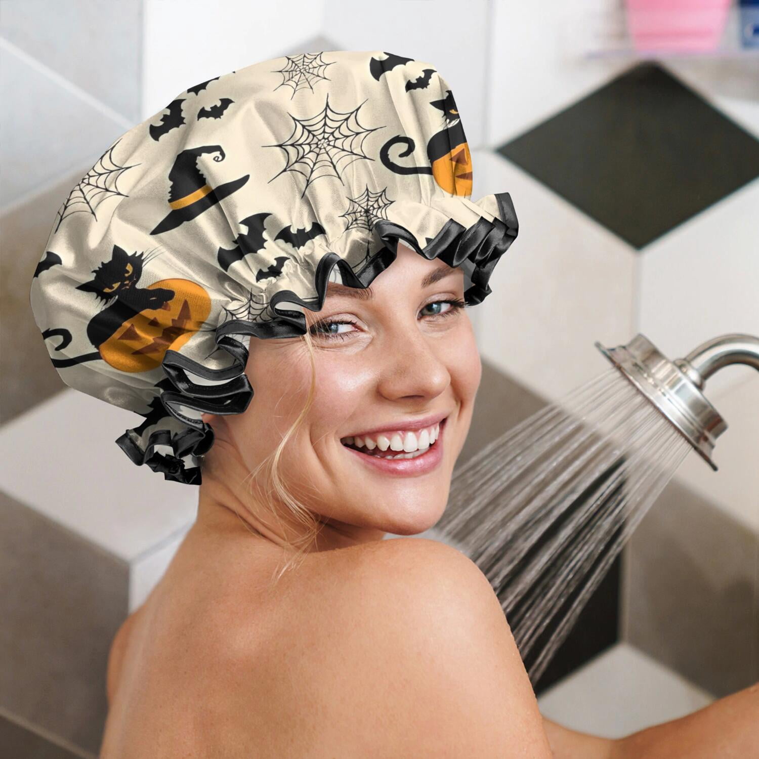Shower Caps,Black Cat Pumpkin Halloween Pattern Waterproof Shower Cap for Women 4 Pieces,Double Reusable Hair Cover for Shower PEVA Elastic Stretch Hem