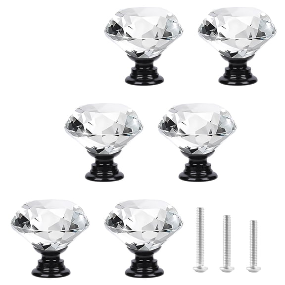 6pcs 30mm Crystal Glass Knobs Door Drawer Wardrobe Pull Knob Diamond Shaped Handles for Cupboard, Cabinet, Dresser