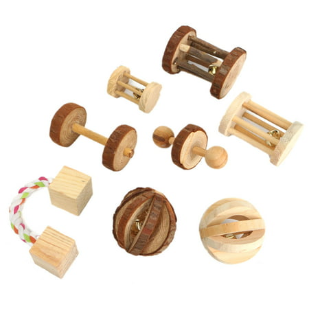 Natural Pine Dumbells Unicycle Bell Roller Chew Toys For Rabbits Guinea Pigs Rat,Bark melon balls