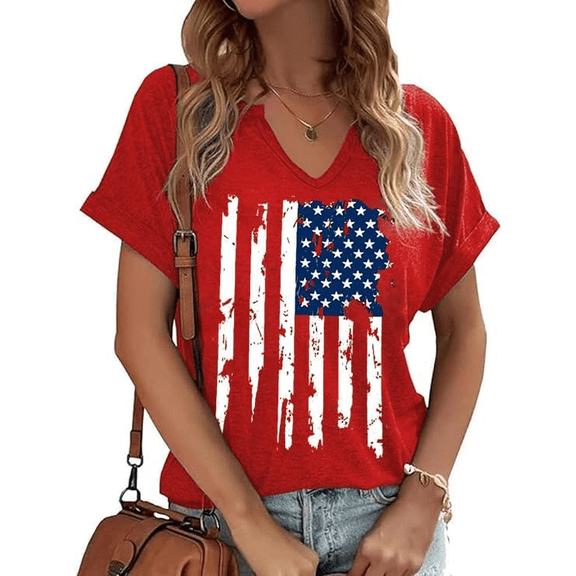 Beopjesk Womens Short Sleeve V Neck T Shirts American Flag Shirts Summer Graphic Tee Tops