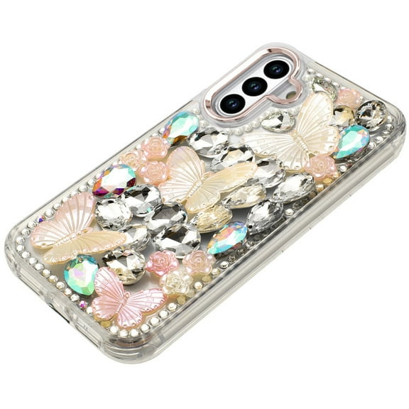XPM for Samsung Galaxy S25 /S25 Plus /S24 Plus 3D Diamond Floral Butterfly Bling Stone Hybrid, Sparkly Rhinestone Gemstone Back Shockproof Phone Case Cover (Rose Gold)