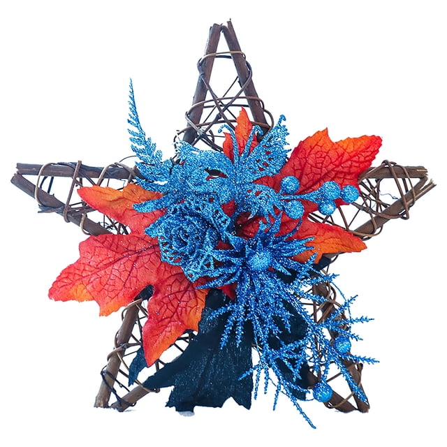 Autumn Harvest Star Wreath with Pumpkin and Maple Leaves - Fall Door Decoration, 14-inch