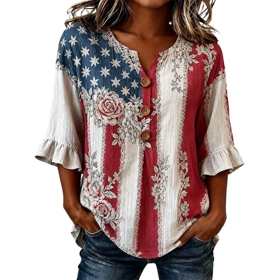 LPKRT Women Independence Day Ruffle T Shirt - Button Front Crewneck Top, Casual Summer Tee(Red-2XL)