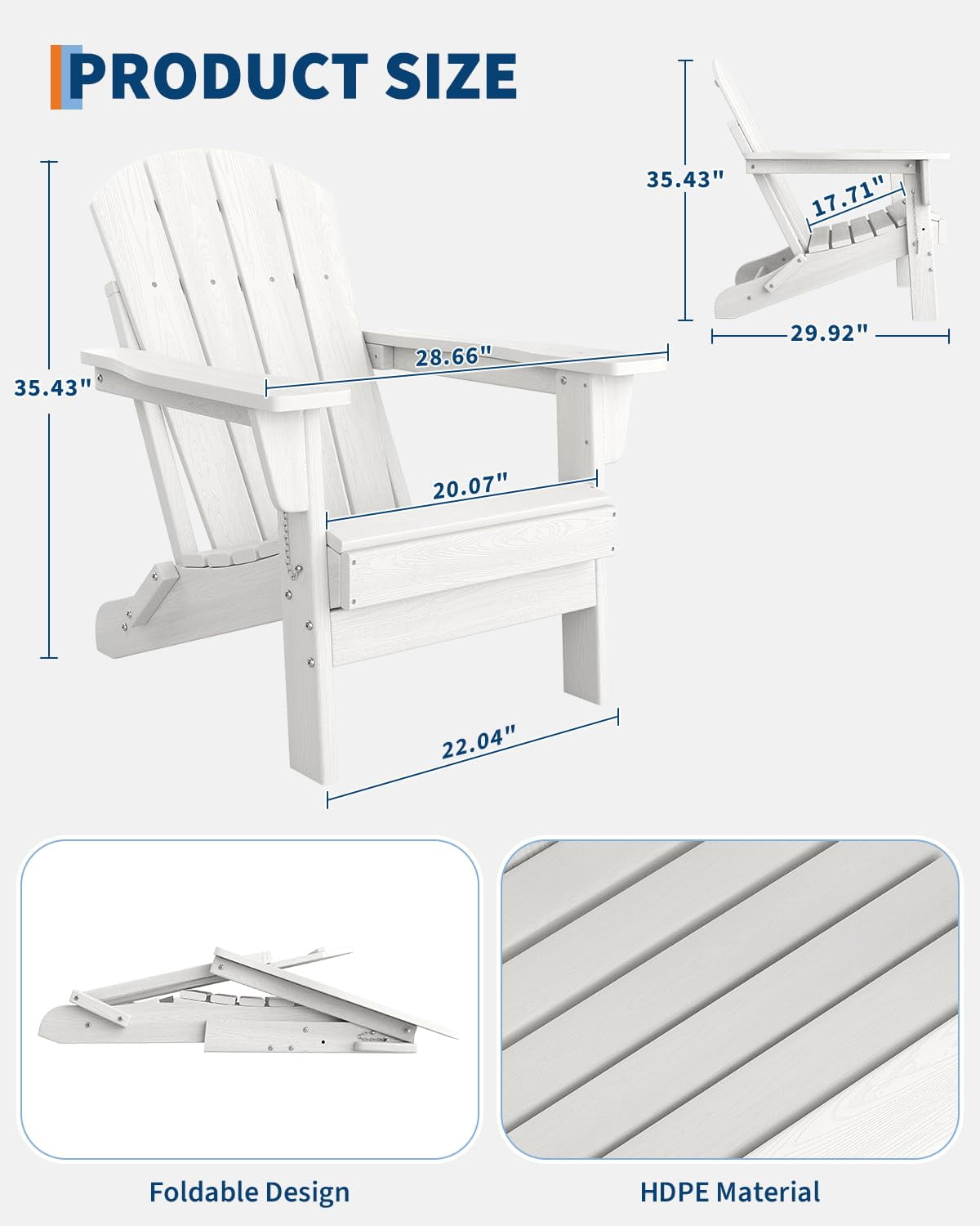 Folding Adirondack Chairs Set of 2, HDPE Plastic Outdoor Chairs with Wood Texture - 380 LBS & Weather Resistant for Fire Pit, Deck, Patio, Pool, Backyard - White