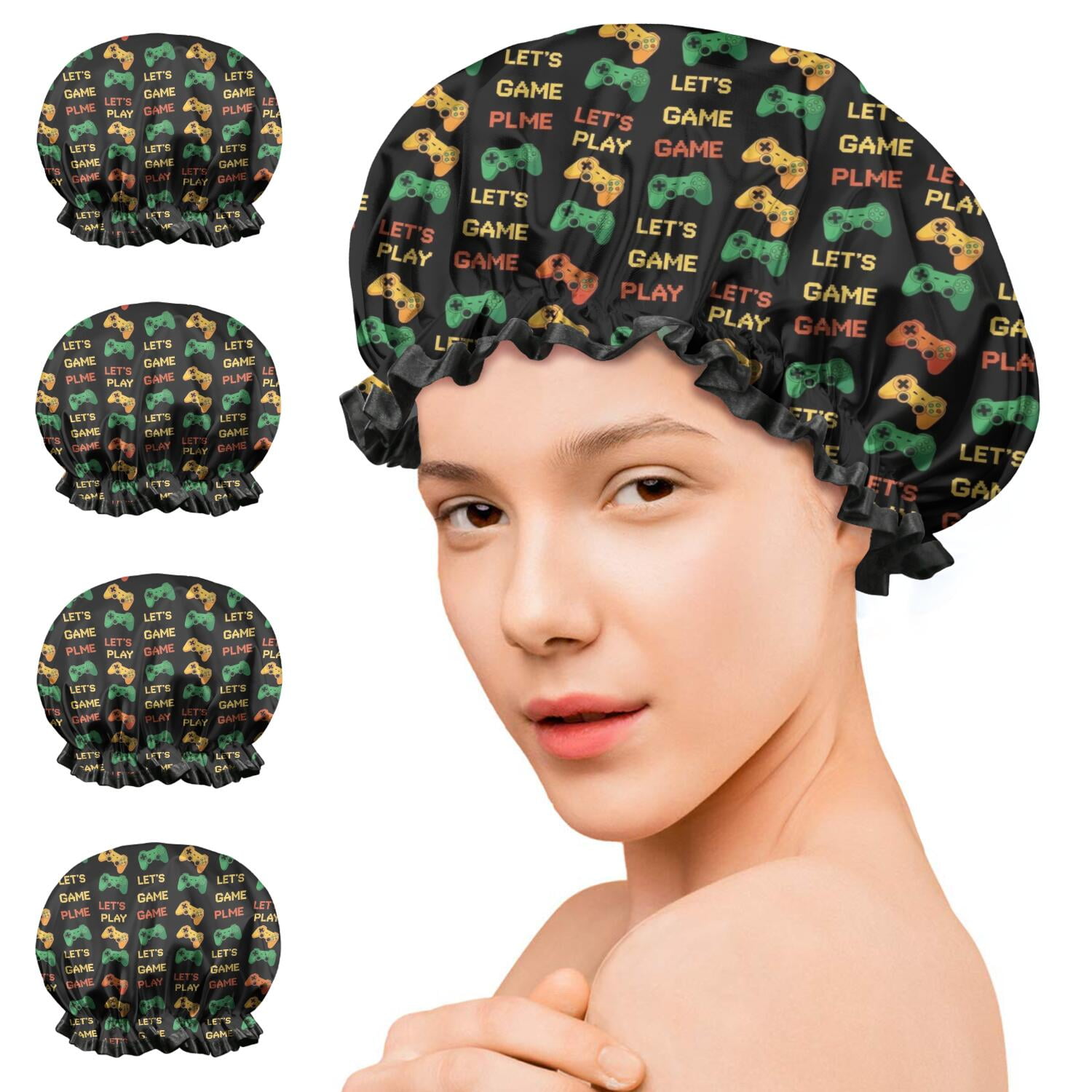 Shower Caps,Multicolor Controllers Games Text Black Pattern Waterproof Shower Cap for Women 4 Pieces,Double Reusable Hair Cover for Shower PEVA Elastic Stretch Hem