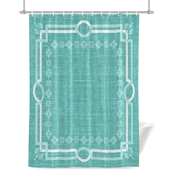 Turquoise Farmhouse Shower Curtain, Linen Texture Geometric Lines Floral Boho Waterproof Shower Curtain Set with 12 Hooks Lightweight Bath Curtains Fabric Bathroom Decor 60x72 Inches