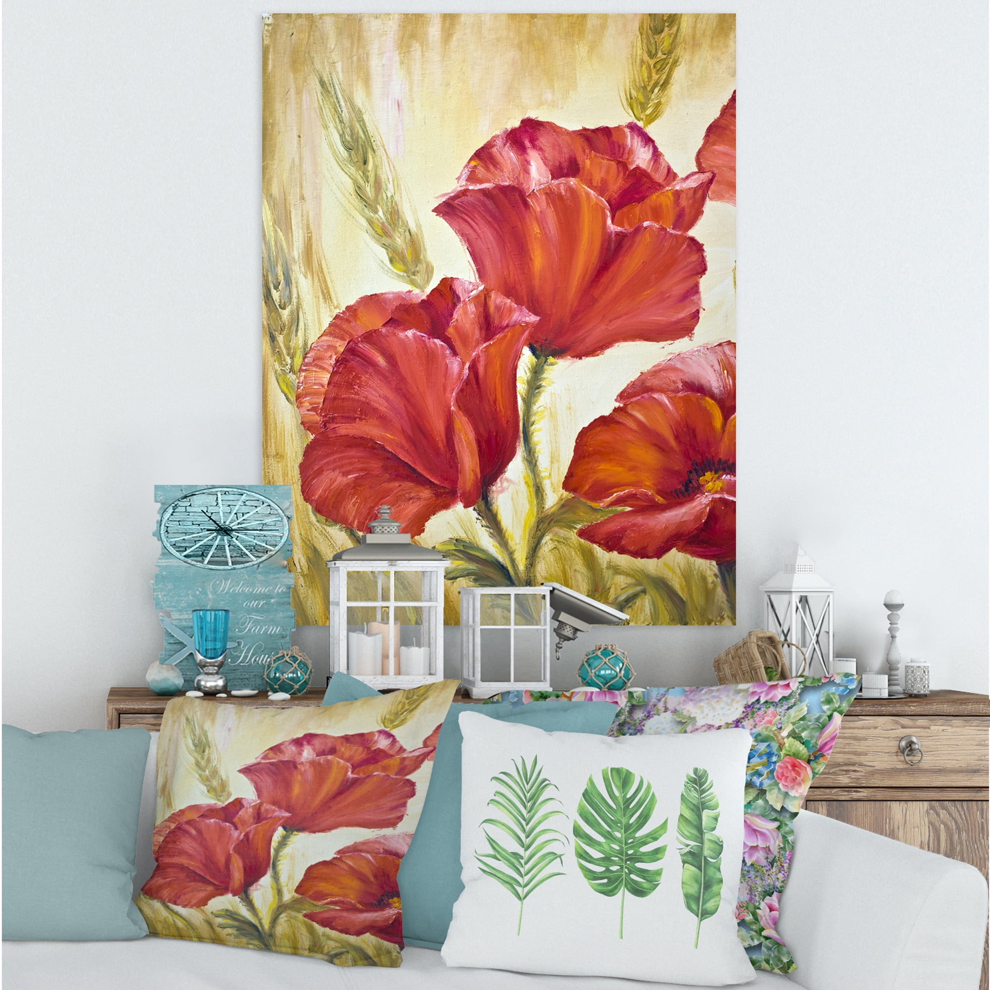 Blossoming Red Poppies In Wheat Fields II 12 in x 8 in Painting Canvas Art Print, by Designart