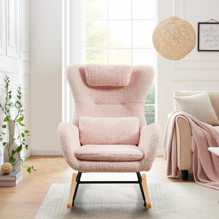 Nursery Rocking Chair with Adjustable Headrest and Lumbar Pillow Rocking Accent Chair with Side Pocket Comfy Glider Rocker with Sturdy Metal Base