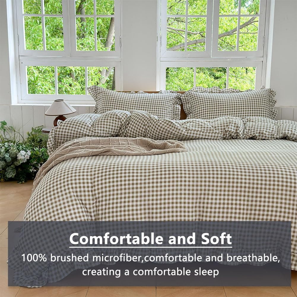 Tan Gingham Ruffle Duvet Cover Queen Size, 3 Pieces Taupe Soft Pre-Washed Microfiber Checked Plaid Comforter Cover Set, Vintage Farmhouse Bedding Set(Tan Gingham, Queen 90"x90")