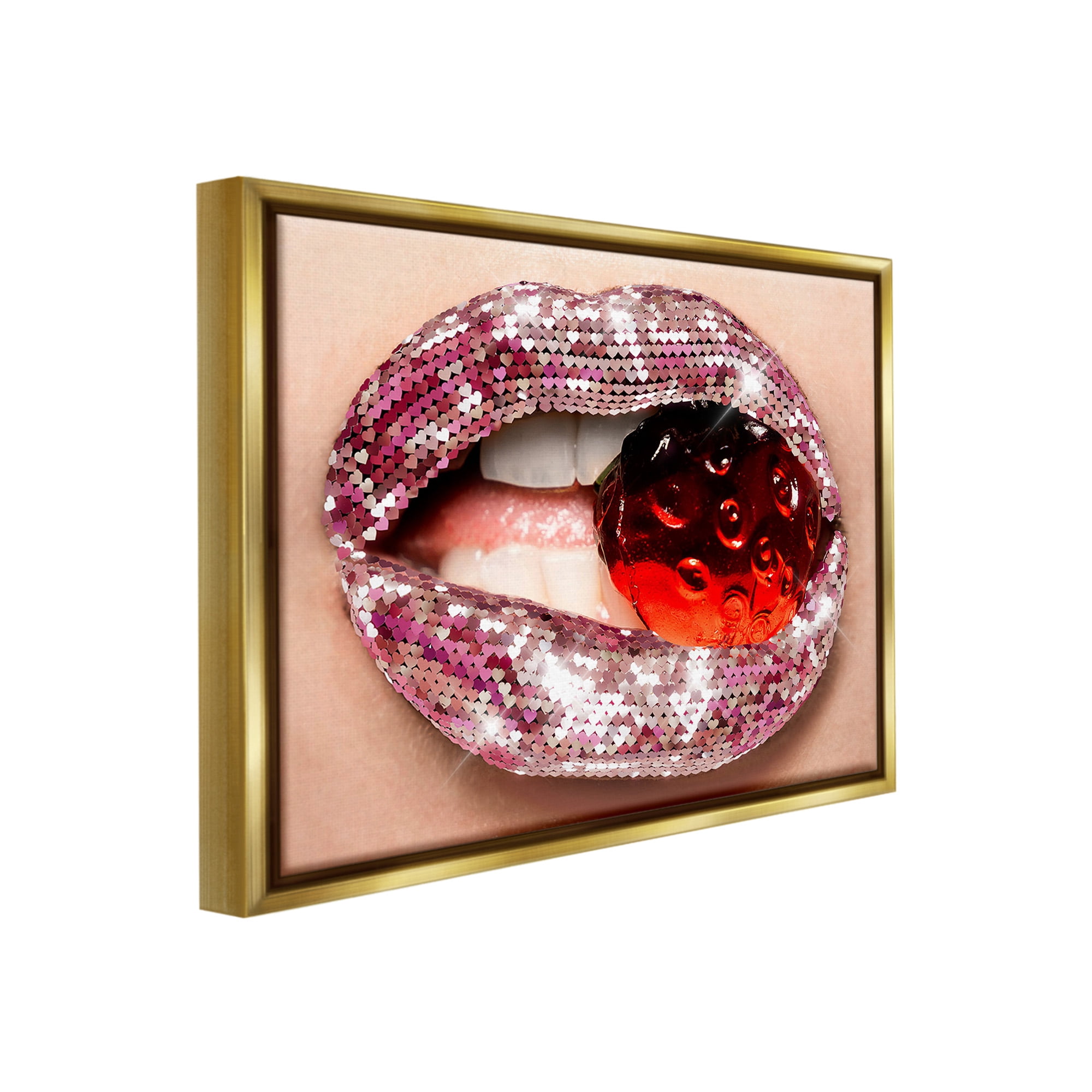 Stupell Industries Glam Biting Candy Novelty Painting Gold Floater Framed Canvas Art Print Wall Art, 21 x 17