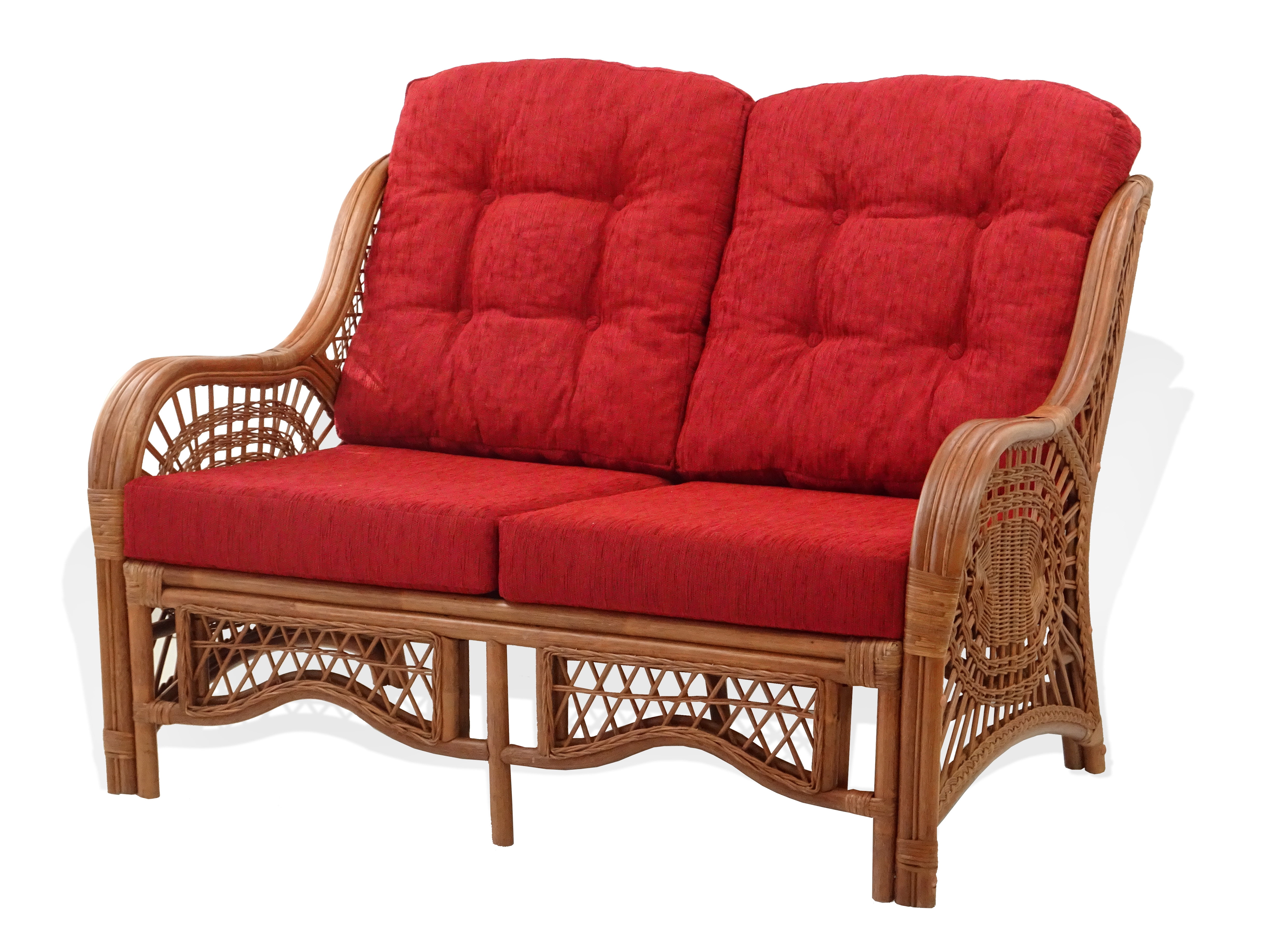 Malibu Lounge Loveseat Sofa ECO Natural Rattan Wicker Handmade Design w/Burgundy Cushions