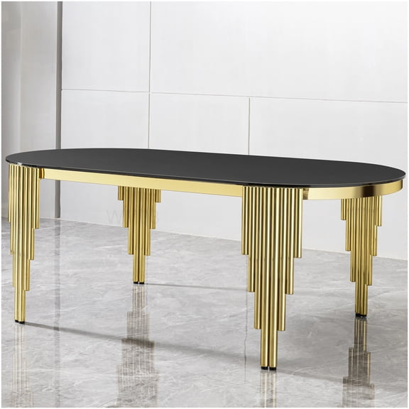 Modern Oval Dining Table with Gold Base and Black Glass Top for 6-Person Seating
