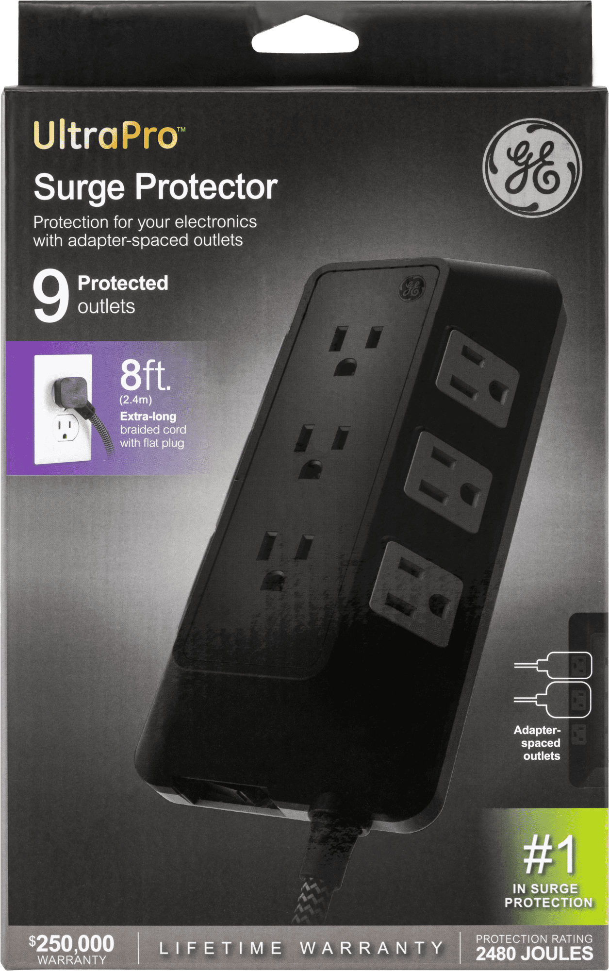 GE Adapt 9-Outlet Surge Protector Power Strip, 8ft Braided Cord, Black