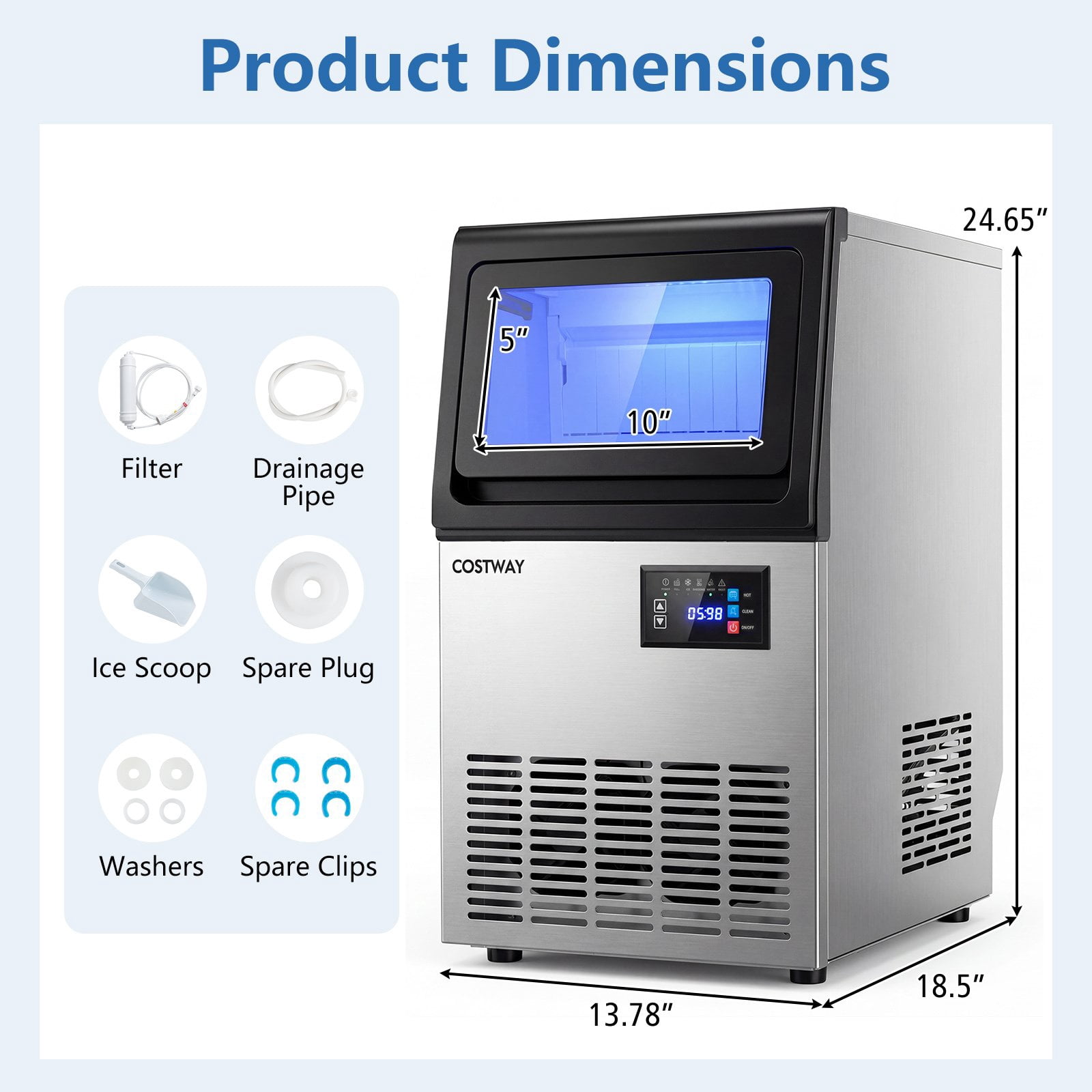 Costway Commercial Spray-Type Ice Maker Machine, Under Counter & Freestanding Ice Making Machine