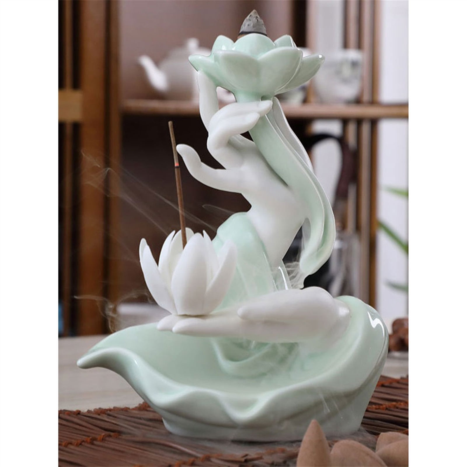 Celadon Reverse Flow Incense Burner Creative Handheld Lotus Shaped Zen Decorative Ornaments Holder