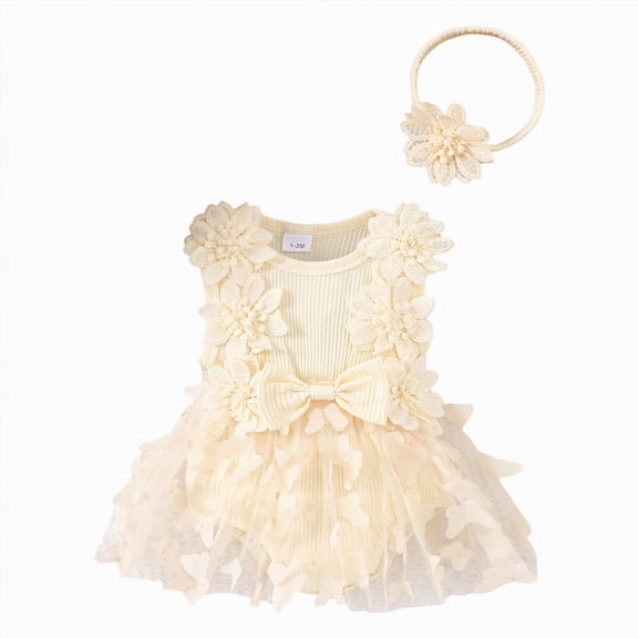 JUMEYU Baby Girl Bubble Romper Summer Infant Newborn Baby Girl Outfit Clothes Long Sleeve Lace Mesh Tulle Tutu Romper Dress Birthday Party 0 3 6 9 12 18 24 Months (Beige,1-3 Months)