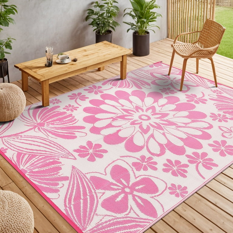 LOKHOM 9'x12' Pink Outdoor Rug Waterproof Reversible Plastic Straw